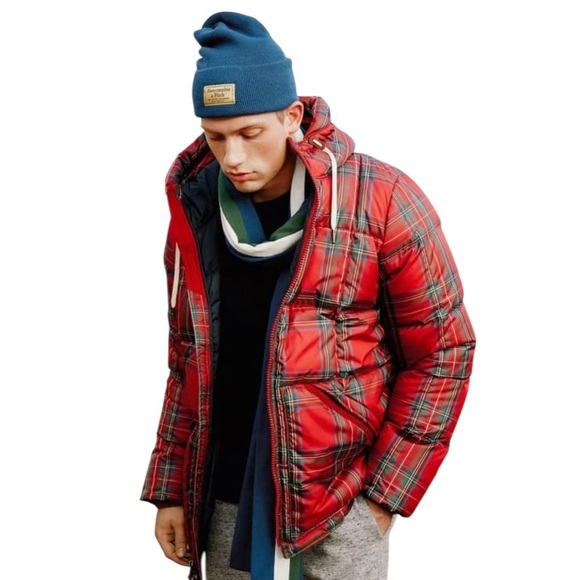 Abercrombie & Fitch Red Plaid Puffer Jacket Hooded Down‎ Insulated Coat Small - Picture 1 of 16